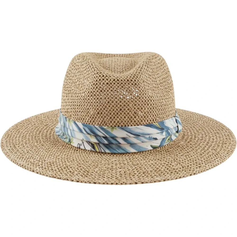 Panama Jack Straw Sun Hat Wide Brim Fedora Tropical Band Tan Small Medium USA